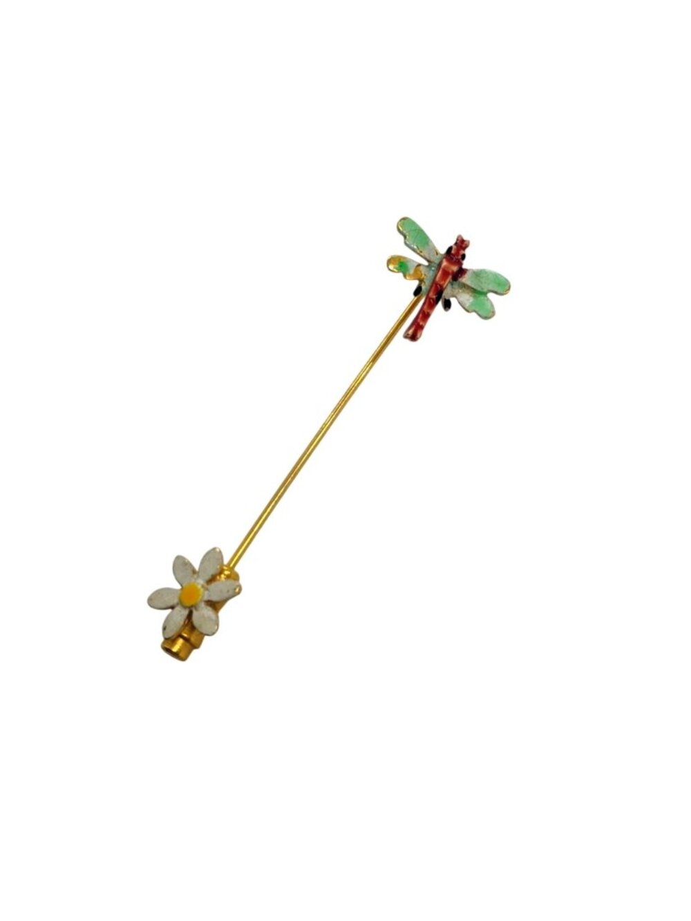 Vintage Double Ended Enamel Dragonfly & Flower Stick Hat Pin Gold Tone 2"